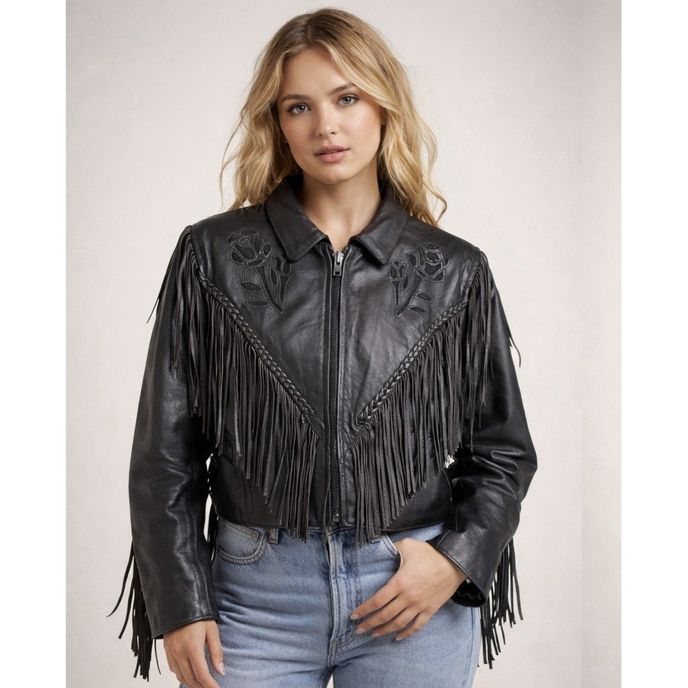 Vintage 90s Black‎ Leather Fringe Jacket Rose Embroidered Western Moto Crop Coat